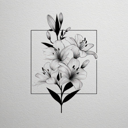 This black and white illustration showcases a cluster of lilies, with delicate petals and stylized leaves. The composition is contained within a square frame. The style is detailed with a focus on light and shadow, possibly for use in print or digital design. The image could be suitable for various commercial purposes.の素材