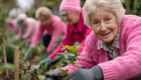 A group of older women, dressed in pink, are seen gardening together outdoors. The composition features a shallow depth of field, with the focus on one woman smiling at the camera. Soft natural lighting illuminates the scene, suggesting a pleasant day. This image could be used for articles or advertisements related to health and community.の素材