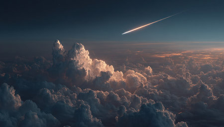 An aerial perspective showcases a meteor blazing across a gradient sky above a sea of fluffy clouds. The scene is illuminated by warm sunlight, suggesting either sunrise or sunset. This image presents a sense of awe and could be used for science, astronomy, or conceptual illustrations.の素材