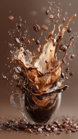 A close-up captures a coffee splash with scattered beans above a clear glass cup. The image presents a dynamic composition with various shades of brown and light reflecting on the liquid. This potentially could be used in various commercial applications involving beverages, coffee culture, or promotional material.の素材