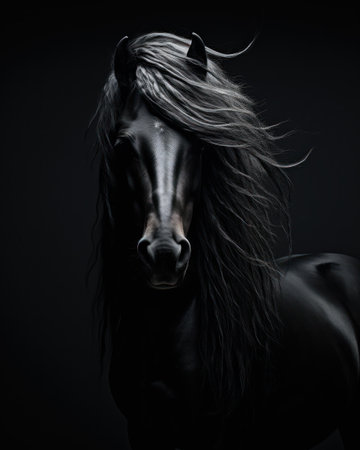 A striking portrait features a black horse with a flowing mane against a dark backdrop. The composition highlights the horse's form and texture with high contrast lighting. It is suitable for a variety of projects, including advertising campaigns, artistic displays, and editorial uses.の素材