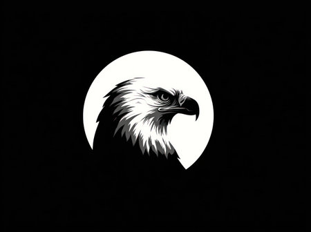 An eagle head silhouette is prominently featured against a bright, circular backdrop. The image utilizes a contrasting grayscale palette, emphasizing the bird's form and detailed features. This vector design presents a strong visual element, suitable for various commercial applications and creative projects. The design evokes a sense of power and freedom.の素材