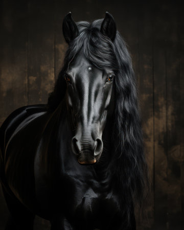 A striking black horse is showcased in a close-up portrait, its dark coat contrasting against a textured background. The image highlights the horse's flowing mane and attentive gaze, demonstrating detailed textures and rich tonal values. Ideal for commercial applications requiring depictions of equine beauty or animal themes.の素材