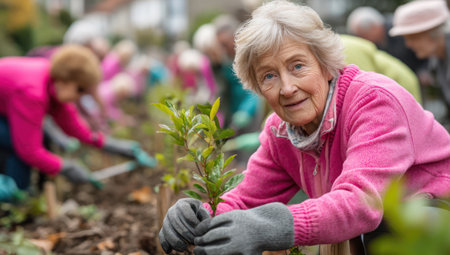 A group of senior citizens are planting in a garden, with one woman in focus. The scene features bright colors from clothing and foliage. The composition shows shallow depth of field, with soft focus in the background, suggesting an outdoor setting under natural light. This image is suitable for editorial or commercial use.の素材