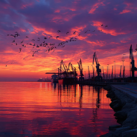 The image showcases a vibrant sunset over a harbor, with the sky ablaze in hues of red, orange, and purple. Silhouetted against the colorful sky are cranes, ships, and flying birds. The water reflects the colorful sky. Ideal for editorial use, or design projects needing a dramatic environment.の素材