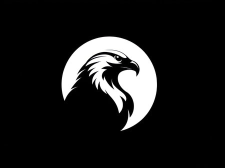A stylized illustration depicts an eagle within a white circle, set against a dark backdrop. The monochromatic image showcases intricate details of the bird's head and features. The design, with its sharp contrasts, suits diverse applications like logos, branding, or editorial content.の素材