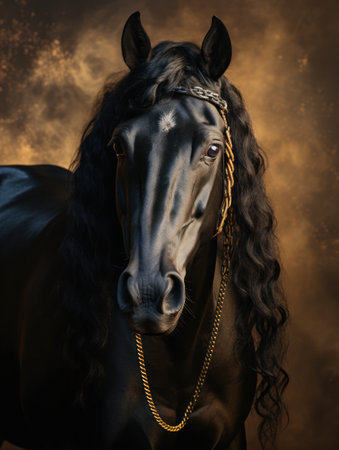 A close-up portrait showcases a majestic black horse adorned with golden accessories. The horse's dark coat contrasts with the warm, textured background. The composition highlights details. This image is suitable for a variety of creative projects, including editorial features and commercial advertising.の素材