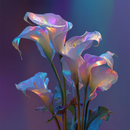This image showcases calla lilies with iridescent highlights, creating a vibrant effect. The flowers exhibit a range of colors and textures, set against a dark, gradient background. The composition suggests a studio setting, suitable for various editorial and design applications where floral imagery is required.の素材