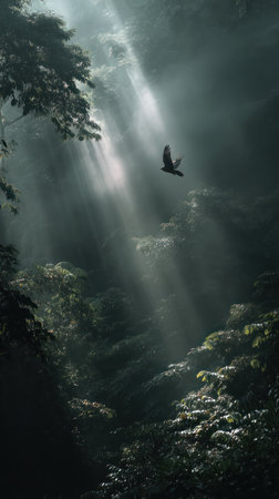 An aerial view showcases a bird soaring through sunlit beams penetrating a dense, dark forest. The image uses dramatic lighting, with shades of green, black and white. Its composition suggests a natural environment under a cloudy sky. Suitable for editorial and commercial use.の素材