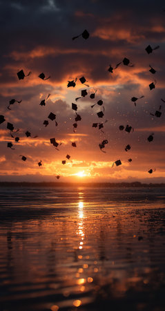 An aerial view presents a stunning sunset, featuring the sun reflecting on the water below and clouds tinted with orange and red hues. Numerous dark objects float in the air. The composition emphasizes the contrast between light and shadow. Suitable for commercial and editorial purposes.の素材