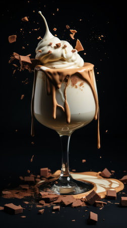 A tall wine glass filled with a creamy dessert and chocolate elements against a black backdrop. Whipped cream tops the dessert, with chocolate sauce drizzling down the glass. Scattered chocolate pieces surround the glass. Ideal for culinary, restaurant, or advertisement visuals.の素材