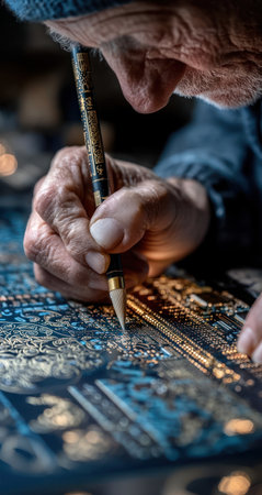 An aged artisan concentrates intently while applying paint to an elaborate design. The image showcases the artist's hands, brush, and the intricate patterns. Warm lighting illuminates the scene, highlighting the textures and colors. This image is suitable for various commercial uses, illustrating craftsmanship and art.の素材