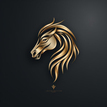 A gold-colored horse head logo is presented against a dark backdrop. The design displays intricate details with flowing lines and a stylized appearance. The image showcases a sense of prestige through the use of gold. Suitable for branding, design, and various commercial applications.の素材