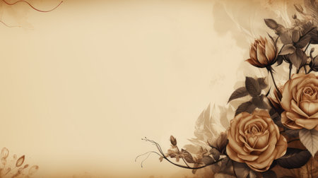 This watercolor design showcases roses in varying stages of bloom against a textured, light-brown backdrop. The composition features a classic arrangement of floral elements, utilizing soft color palettes and gentle brushstrokes. This artwork is suitable for various applications, offering an aesthetic touch suitable for different creative projects.の素材