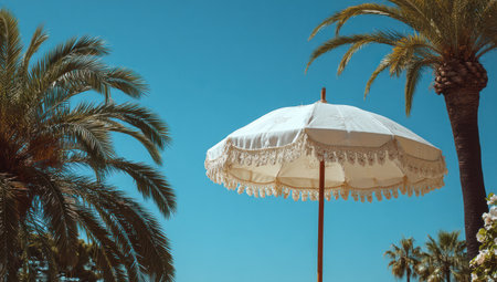 A cream-colored parasol stands open against a backdrop of a bright blue sky and tall palm trees. The image showcases soft sunlight and an inviting atmosphere. This scene suggests relaxation and leisure. It could be useful for travel brochures, lifestyle articles, or decorative purposes.の素材