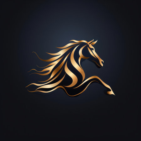 A stylized illustration portrays a golden horse in motion against a dark backdrop. The artwork features smooth curves, a flowing mane, and a dynamic composition. It uses a gradient of gold hues against a deep, contrasting color. Suitable for use in design projects, branding, and decorative purposes.の素材