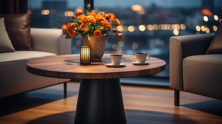 An interior shot features a round wooden coffee table adorned with flowers and coffee cups. The composition uses soft lighting with the table as the focal point. Various textures and colors create a cozy atmosphere suggestive of a living room setting, appropriate for design and lifestyle publications.の素材
