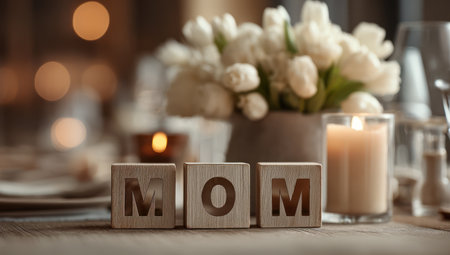A close-up captures a table setting featuring a floral arrangement and lit candles. The soft focus highlights white flowers, wooden blocks spelling "MOM", and blurred elements of tableware. The scene is bathed in warm light, suggesting an indoor setting. This image is suitable for editorial content or commercial applications promoting celebrations.の素材