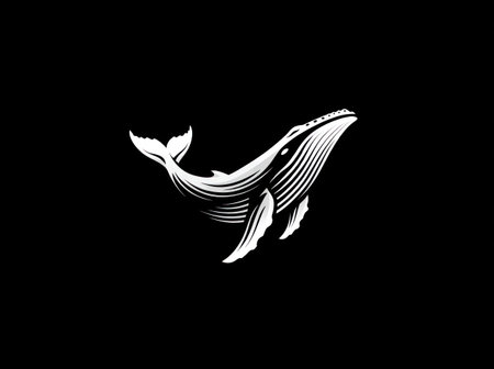 A striking illustration showcases a whale rendered in white against a stark black background. The image presents the creature with detailed lines, emphasizing its form. This artwork evokes a sense of tranquility and could be suitable for various uses, including design projects and editorial content.の素材