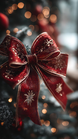 A close-up reveals a decorative red bow with gold accents, set against a blurred background of an evergreen tree. The bow exhibits a textured surface, and is adorned with intricate patterns. Warm bokeh lights create a soft glow. This image could be used for festive promotions or seasonal editorial content.の素材