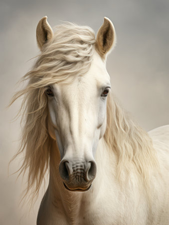 A striking close-up showcases a majestic white horse with a long, flowing mane. The image displays soft lighting and a neutral background, enhancing the horse's features. This portrait style photograph is suitable for various editorial and commercial projects that require imagery of animals.の素材