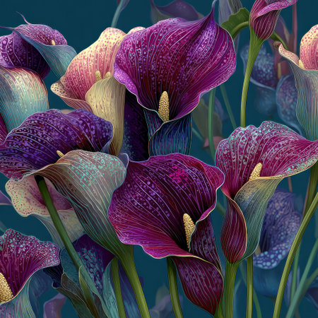 This botanical illustration features multiple calla lilies in various stages of bloom. The flowers exhibit a rich palette of purples, pinks, and yellows, set against a dark teal background. The image, with its stylized depiction, could be utilized in design projects or for decorative purposes.の素材