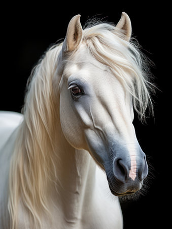 A close-up view presents a pristine white horse set against a solid black background. The horse features a flowing mane and a focused gaze. The lighting is soft, highlighting the animal's features. This image is suitable for artistic endeavors and various editorial purposes, providing a clean and striking visual.の素材