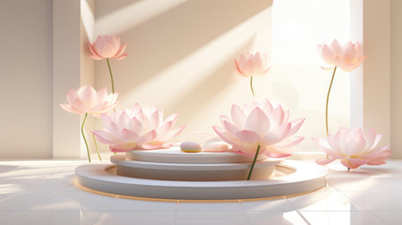 Soft pink lotus blooms grace a circular platform with tiered steps, set against a pristine white background. Sunlight streams in, casting shadows and creating a sense of serenity. The minimalist composition with clean lines, is suitable for decorative displays or artistic concepts.の素材