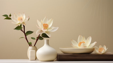 A refined composition displays white lotus flowers, stems, and leaves artfully arranged in vases and a bowl. The image showcases soft lighting, creating gentle shadows against a neutral background. This artistic display can be used for various commercial projects and editorial purposes, conveying serenity and purity.の素材