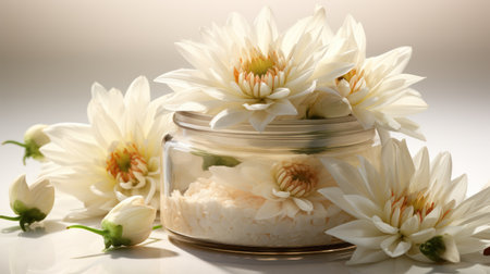 The image features delicate white dahlias artfully arranged inside and around a transparent glass jar. The flowers exhibit intricate petal structures, and the composition is set against a soft, blurred backdrop. The lighting highlights the textures. Suitable for illustrating concepts of beauty, nature, or spa themes, this image can be used for various commercial projects.の素材