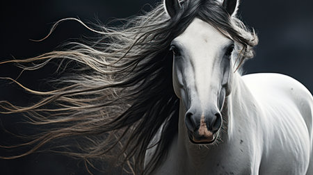 A striking image presents a white horse with a long, flowing black mane. The animal is in motion, its hair streaming in the wind. The composition uses a dark backdrop, emphasizing the horse's form. This dramatic scene is suitable for use in promotional materials or editorial content.の素材