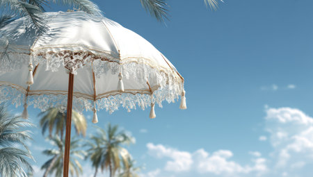 A close-up view presents an ornate white parasol, detailed with fringe and delicate lace. The parasol stands out against a bright blue sky, with soft clouds and blurred palm trees in the background. The scene suggests a sunny day in a tropical environment, suitable for various editorial and commercial projects.の素材
