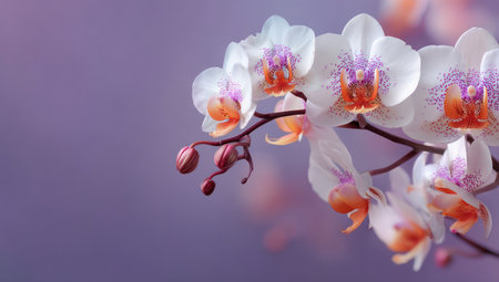 A close-up showcases vibrant white orchids accented with orange and purple hues. The composition features a natural arrangement against a soft, blurred background. The image's delicate details and color palette offer versatile appeal suitable for various commercial applications and design projects.の素材
