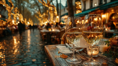 Two stemmed wine glasses sit on a rustic wooden table in the foreground, reflecting the warm glow of nearby lights. The background depicts a blurred outdoor setting, likely a restaurant, with people and tables. This image could be used for various purposes, including promotional material or editorial content.の素材