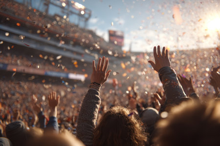 An enthusiastic crowd raises their hands, celebrating an event. Confetti fills the air, illuminated by sunlight. The scene is set in a large stadium with many people. This image could be used for various projects related to events, celebrations, or general excitement.の素材