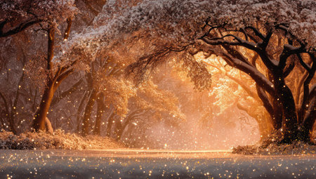 An inviting forest scene features snow-dusted trees in a warm, inviting light. The image displays a soft, dreamlike quality with diffused lighting and subtle textures. The composition creates a feeling of serenity and magic. Suitable for various creative and commercial applications.の素材