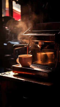 A close-up view depicts a coffee machine pouring fresh espresso into a cup. The scene is illuminated by warm lighting, highlighting steam rising. The composition features rich tones and textures, with dark shadows creating contrast. This image is suitable for various commercial uses related to beverages and culinary arts.の素材