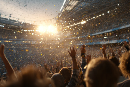An enthusiastic audience is captured with arms raised, celebrating under stadium lights. Confetti fills the air, illuminated by the warm glow of dusk. The composition offers a perspective of collective excitement, suitable for conveying a sense of triumph or festivity across various media.の素材