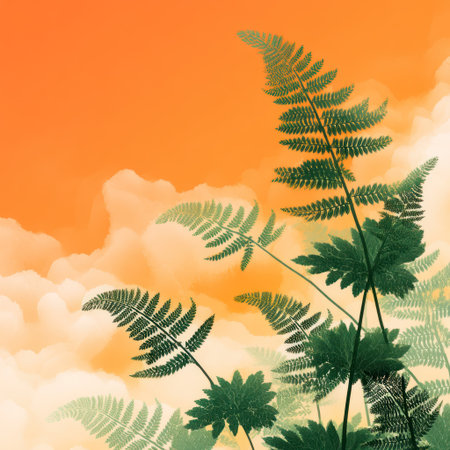 Ferns are depicted against an orange sky with clouds in this image. The composition is a botanical illustration with green fern leaves. The style suggests a digital painting. It could be useful for designs, websites, or editorial projects.の素材