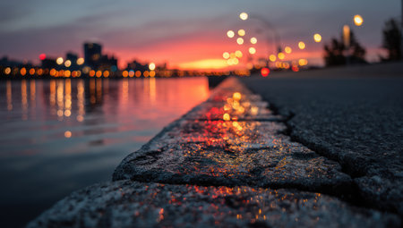 A low-angle view presents a tranquil cityscape scene during twilight, showcasing a body of water mirroring the vivid hues of a sunset. Bokeh lights softly illuminate the background while a textured surface lies in the foreground. This image suits various visual applications, including promotional material or editorial content.の素材