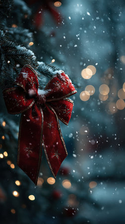 A close-up captures a vibrant red bow adorned with delicate snowflakes, placed on a snow-covered evergreen branch. The scene is illuminated with soft lighting, creating a dreamy bokeh backdrop of warm tones. This image is suitable for various commercial uses, including holiday-themed advertising and editorial content.の素材