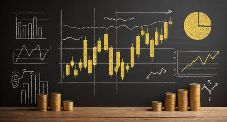 This image presents a financial chart showcasing data analysis. The composition includes various graphs and diagrams, primarily in yellow and white, against a dark background. The style suggests a concept of financial growth and data representation. This image could be utilized for illustrating articles on business or finance.の素材