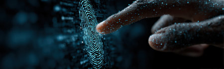A close-up view displays a finger touching a digitally rendered fingerprint, symbolizing data access. The image showcases a dark blue and black color palette, with subtle bokeh effects. The composition suggests modern technology and security measures, suitable for commercial projects focusing on digital identity and privacy.の素材