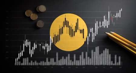 This image presents a financial concept. A golden circle, charts, coins, and pencils are arranged on a dark surface. The composition uses a high-angle shot, suggesting data and analysis. Suitable for illustrating economic trends, business strategy, or financial reports. It could be used in various commercial or editorial contexts.の素材