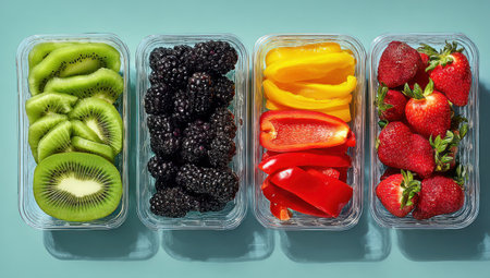 An overhead view displays pre-cut kiwi, blackberries, yellow bell peppers, red bell peppers, and strawberries in clear plastic containers. The composition features a vibrant array of colors, with the food arranged against a solid teal backdrop, creating a clean, modern aesthetic suitable for various commercial purposes.の素材