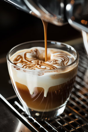An espresso shot streams into a transparent glass, layering atop a milky foam base. The beverage exhibits warm brown tones with a creamy texture, captured in a close-up shot. The composition and lighting create a focus on the coffee-making process and suggest uses in various commercial applications.の素材