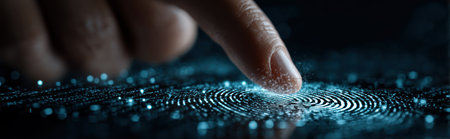 A finger hovers over a glowing digital fingerprint, emphasizing the theme of security. The image showcases a close-up perspective with a blue and black color palette. It has a modern, technological feel. This visual could be used in various commercial applications, such as website design, presentations, and advertising.の素材