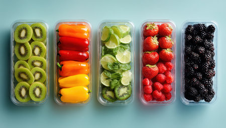 An overhead shot showcases an assortment of colorful fruits and vegetables neatly arranged in transparent plastic containers. The composition includes vibrant slices of kiwi, bell peppers, limes, strawberries, raspberries and blackberries. The scene is illuminated with even lighting, implying a studio setting, suitable for illustrating nutrition or healthy eating themes.の素材