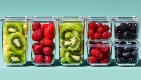 An assortment of fresh fruits, including kiwi, raspberries, and blackberries, is neatly arranged within clear containers. The fruits showcase vibrant colors, with varying textures, against a solid colored background. This image could be suitable for illustrating healthy eating habits, food preparation, or representing freshness in a commercial context.の素材