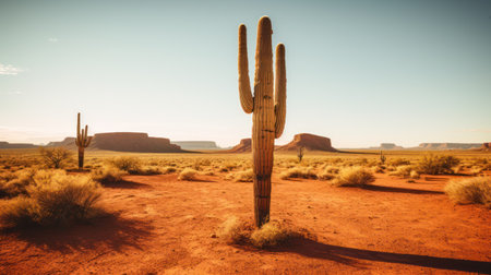 A tall saguaro cactus stands prominently in a desert environment under a clear sky. The landscape features reddish-brown sand, sparse vegetation, and distant mesas. The composition includes warm lighting and natural colors, suggestive of a daytime setting. It has potential uses for travel, environmental, or commercial projects.の素材